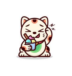 Cute Japanese Lucky Cat Eating A Cup Ice Cream