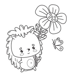 Cute Outline Hedgehog With Flower Line Drawing