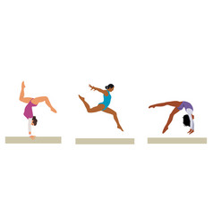 Set Of Different Girl Gymnasts On Balance Beam