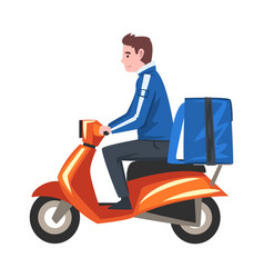 Delivery man riding blue scooter with parcel box Vector Image