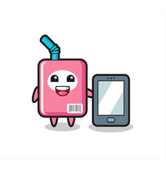 Milk Box Cartoon Holding A Smartphone