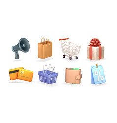 Shopping 3d Render Realistic Icon Set Basket Gift