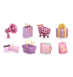 Shopping 3d Realistic Icon Set Basket Gift