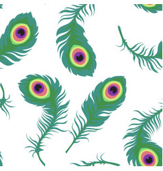 Green Peacock Feathers On White Seamless Pattern