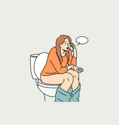 Woman Sits On Toilet Bowl In And Talks