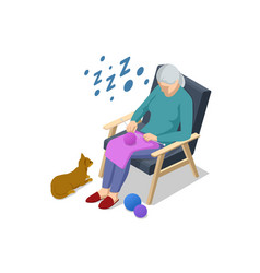 Isometric Old Woman Knits Granny Knitting In Her