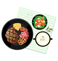 Top View Food Set Steak And Placemat On White