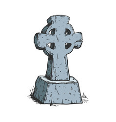 Ancient Cross Tombstone Color Sketch Engraving