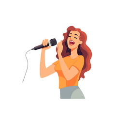 Happy Woman Pointing At A Microphone In Her Hands