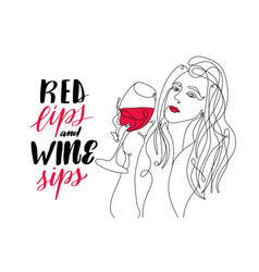 Girl With Glass Wine Line Drawing Red Lips