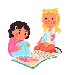 Cute Little Girls Read Book Together Preschool