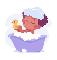 Baby Little Girl With Cute Face Bathing In Bathtub