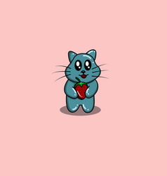 Cute Happy Cat With Strawberry Cartoon