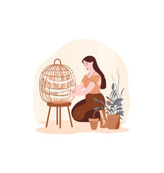 Woman Weaving Wicker Basket At Home Creative