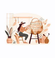 Woman Weaving Wicker Basket At Home Creative