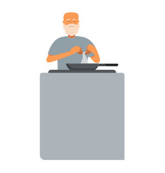 Senior Man Cooking Fried Eggs Icon Cartoon