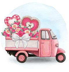 Watercolor Cute Pink Truck Full Of Roses