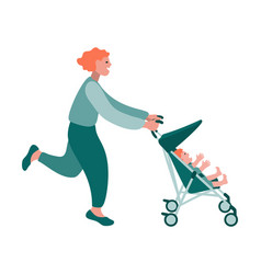 Caucasian Mom Running With A Baby In A Stroller