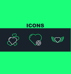 Set Line Heart With Wings And Icon