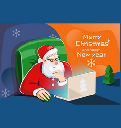 Santa Claus Is Sitting At A Laptop At Home