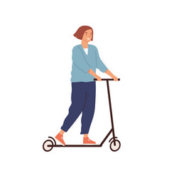 Cheerful Woman Riding Kick Scooter Flat