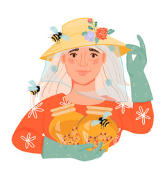 Beekeeper Woman In A Bee Protection Suit With Jar