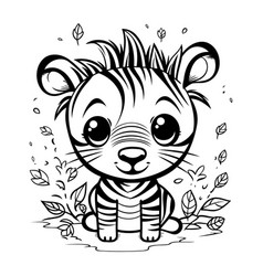 Cute Cartoon Tiger With Flowers And Leaves