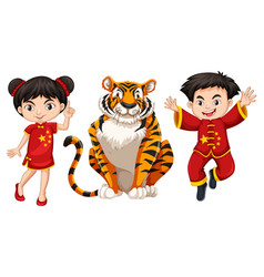 Chinese Boy And Girl With Wild Tiger