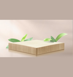 3d Wooden Platform With Green Leaves