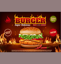 Burger Banner Spicy Fast Food In Fire Hot Burn