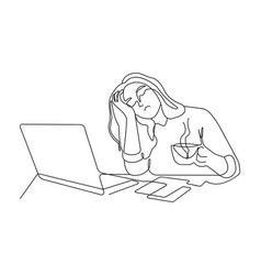 Woman Is Tired Of Working On A Laptop Line Art