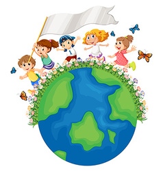 Children Running Around The Earth With Flag