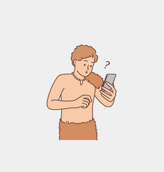 Primitive Man With Phone Is Surprised And Shocked