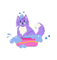 Cute Bathing Purple Cat In Flat Cartoon Style