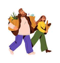 People Couple Carrying Paper Bags From Grocery