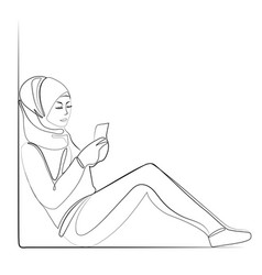 Muslim Woman In Hijab Uses Smartphone Line Art