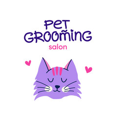 Pet Grooming Cute Purple Cat In Flat Cartoon