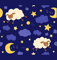 Seamless Pattern Cute Cartoon Sheep Sleep At Night