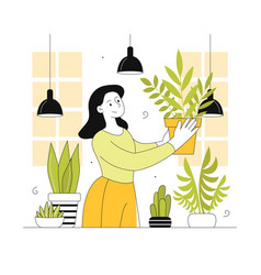 Woman Caring House Plants Line