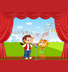 Monkey And Cat Cartoon Character Singing On Stage