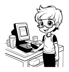 Cute Boy Working At The Computer Black And White