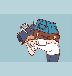 Dissatisfied Man With Heavy Suitcases Is Moving