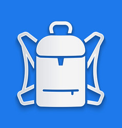 Paper Cut Hiking Backpack Icon Isolated On Blue