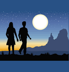 Couple Silhouette In Night Landscape