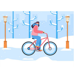 Female Cyclist On Snowy Road In City