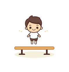 Cute Kid Boy Jumping On Gymnastic Bench