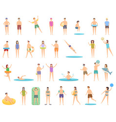 Swim Camp Icons Set Cartoon Water Beach