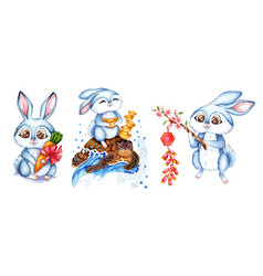 A Set Of Watercolor Of Blue Rabbits With Carrots