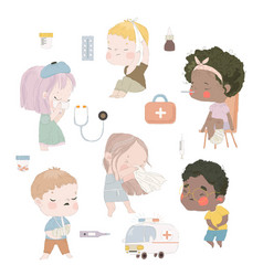 Cute Kids Patients Sick Cartoon Children On White