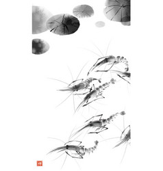 Ink Wash Painting Of Big Shrimps Under Lotus